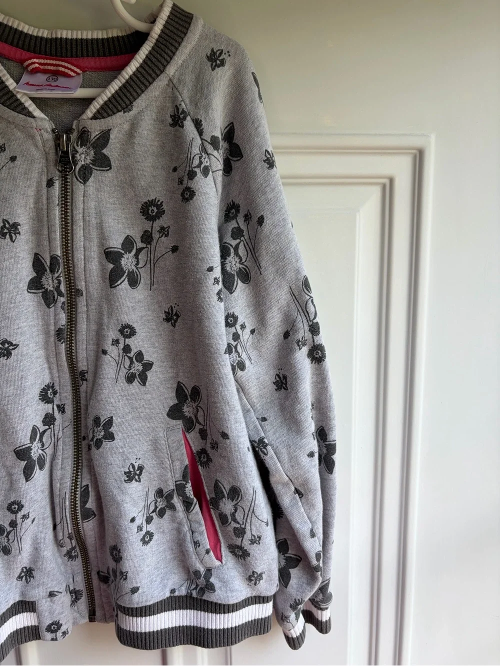 Hanna Andersson Gray Floral Zip-Up Bomber Jacket with Pink Pocket Lining